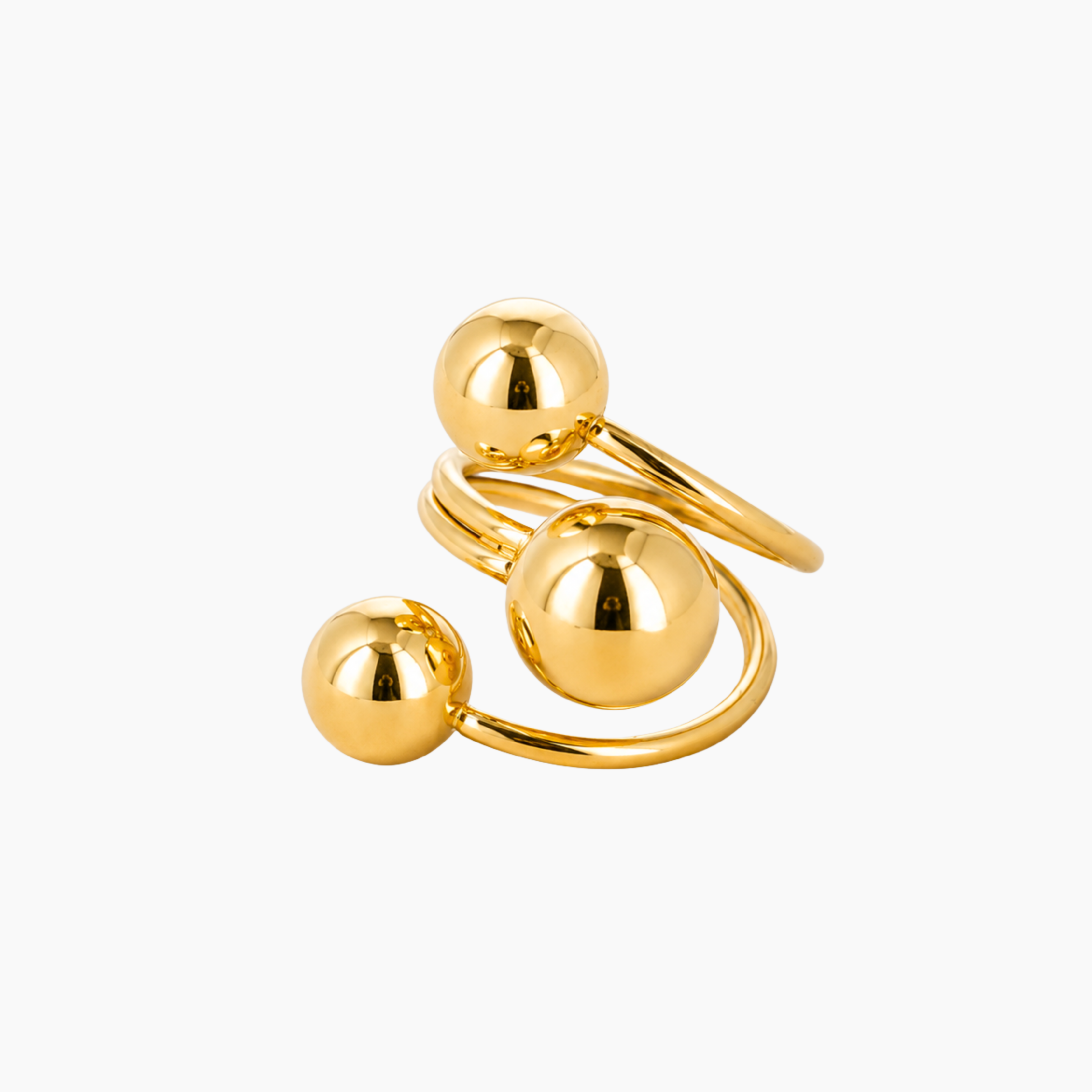 Bague Anders, trois rangs ornés de boules miroir, acier inoxydable doré