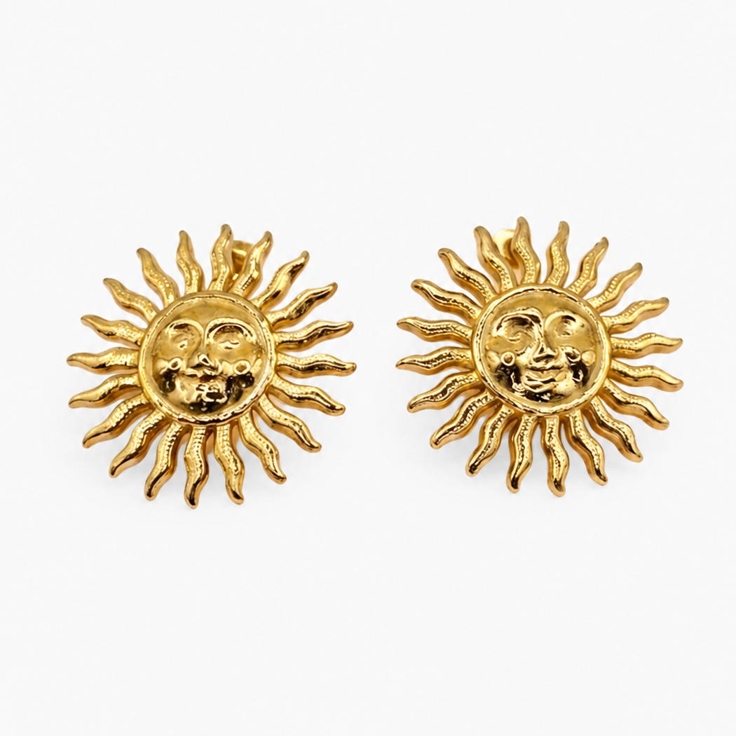 Boucles Melovre, motif soleil visage, acier inoxydable doré