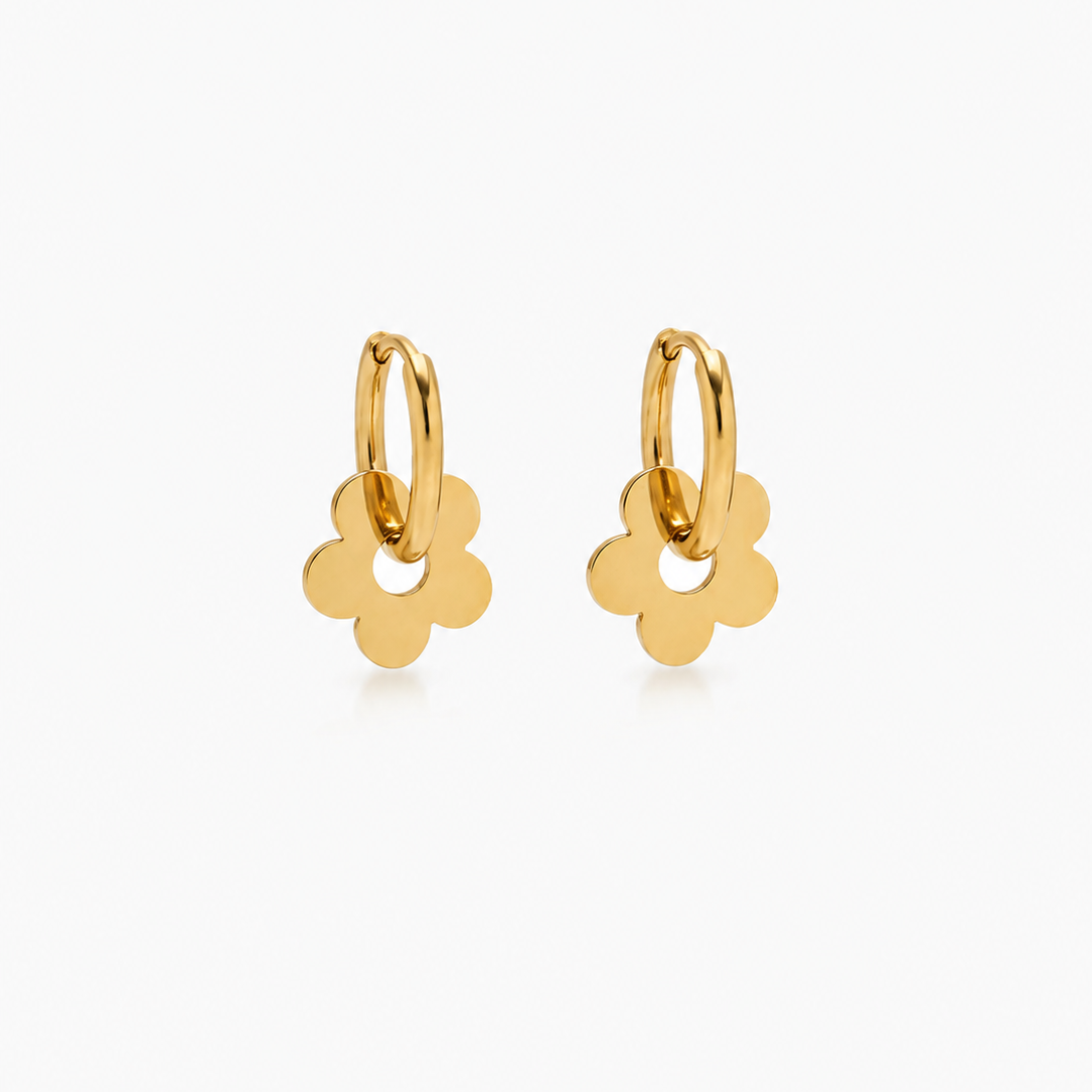 Boucles Moment, créole et charm fleur dorée en acier inoxydable
