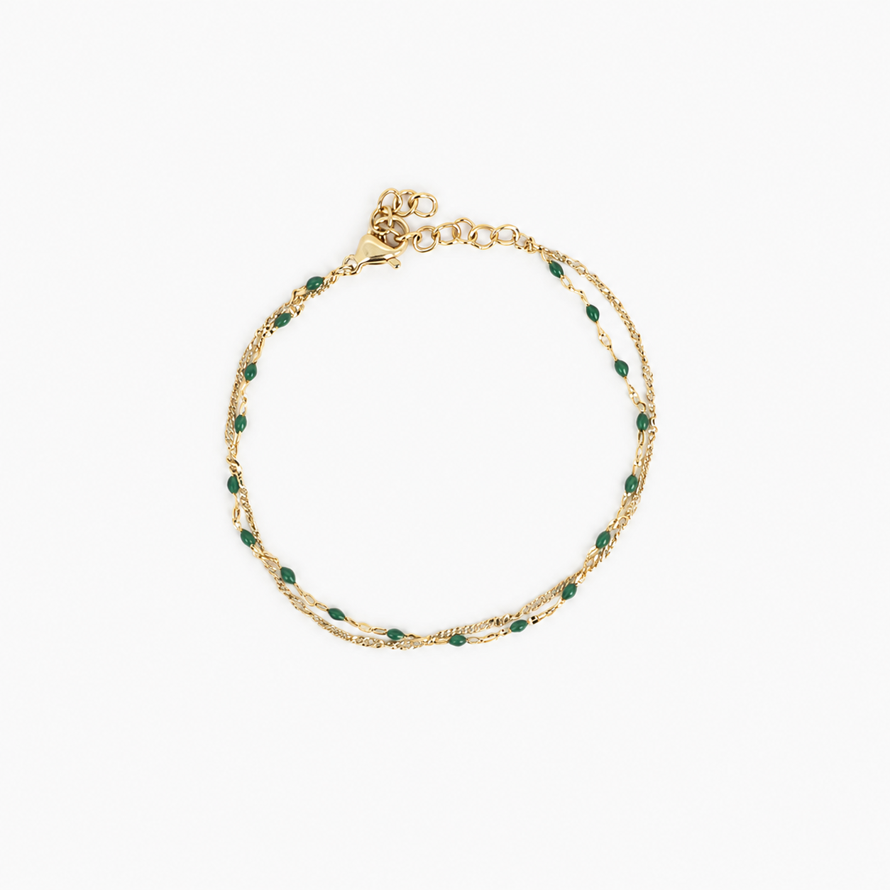 Bracelet Giulia double rang doré, perles émail vert