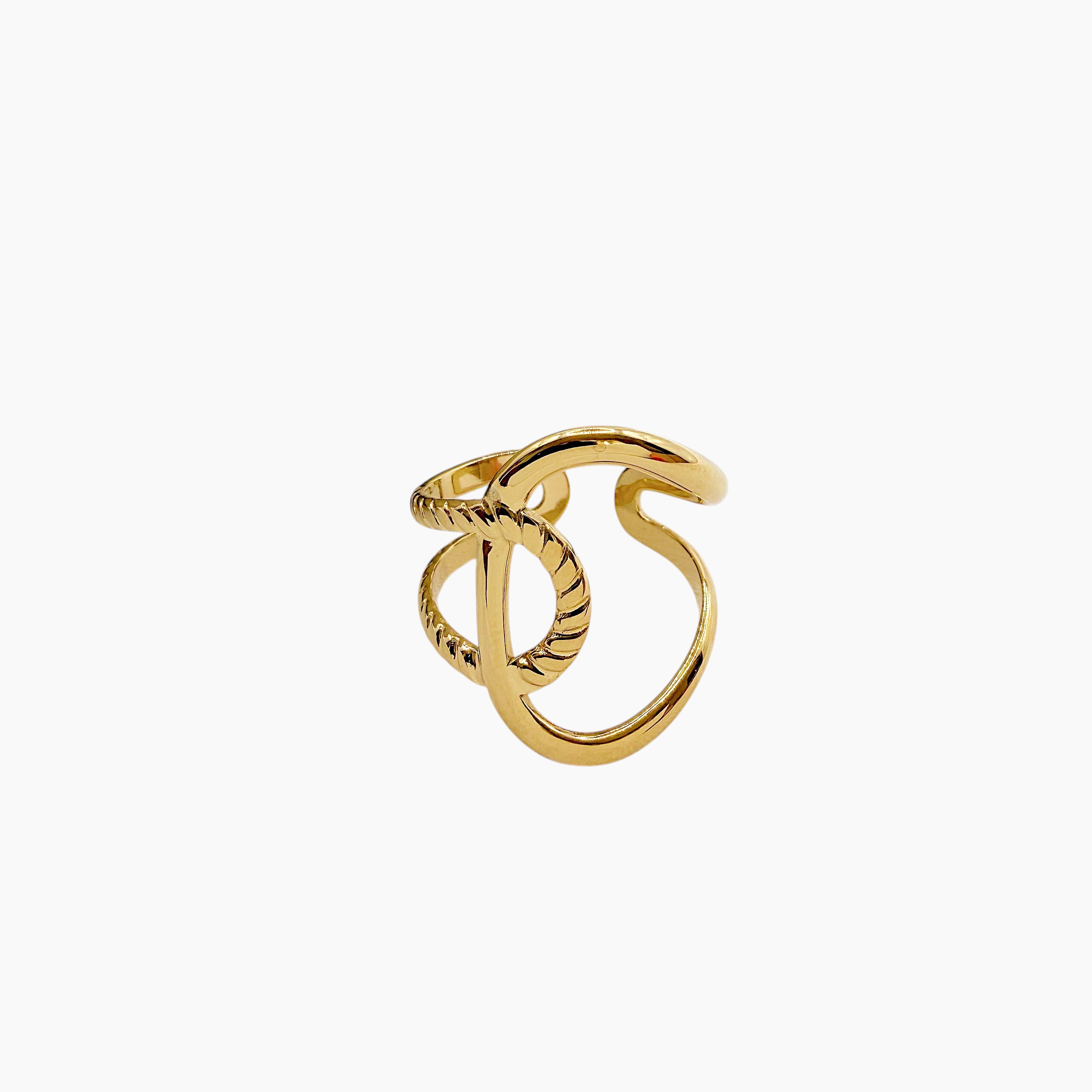 Bague Milan, croissants entrecroisés lisse et torsadé, acier inoxydable doré