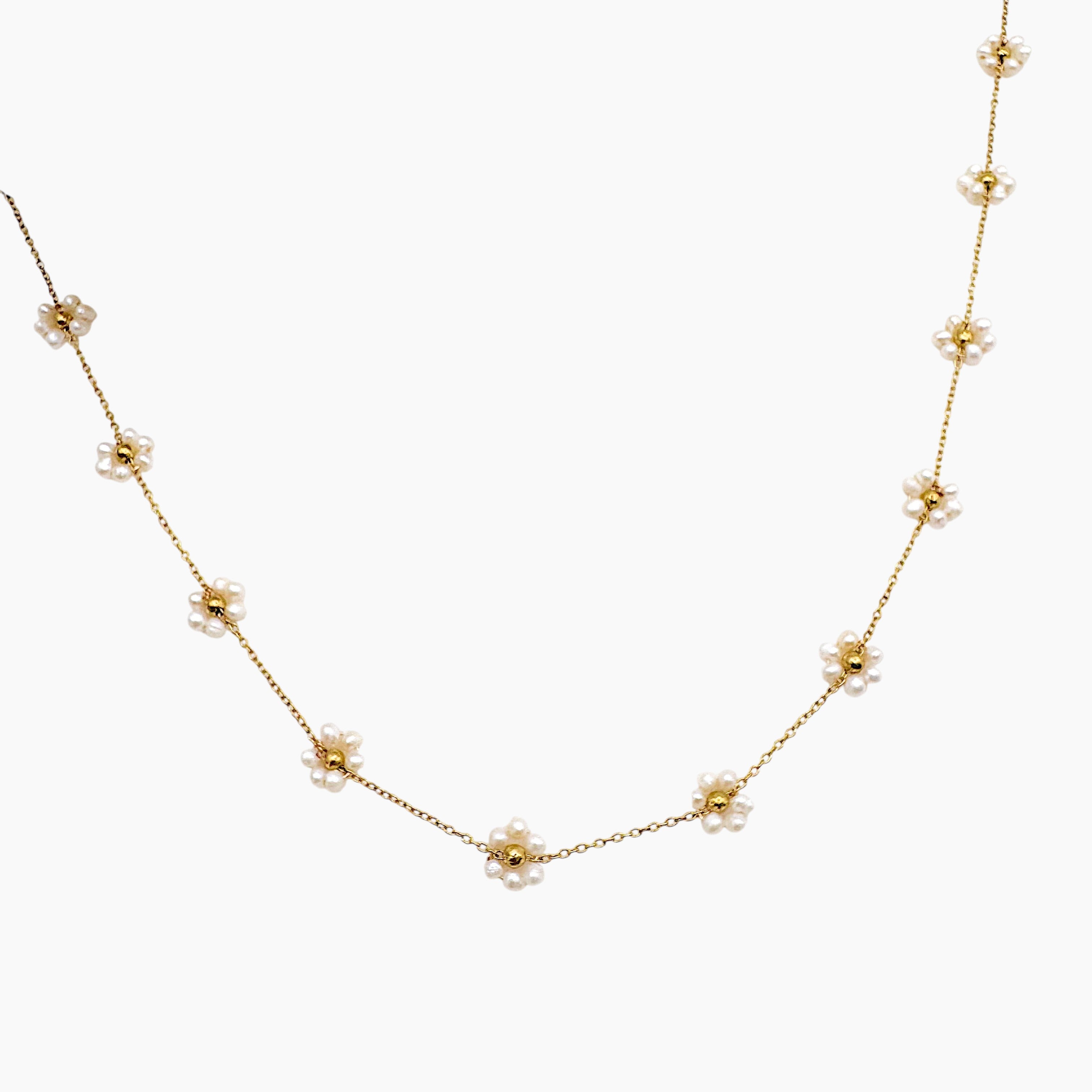 Collier Hugo, fleurs en perles d'agate blanche, acier inoxydable doré