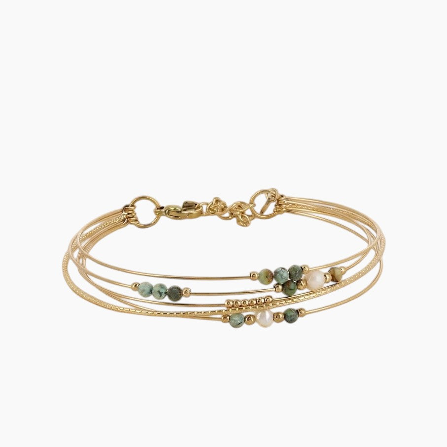 Bracelet Aurore, jonc multirangs orné de pierres naturelles et perles dorées, acier inoxydable doré