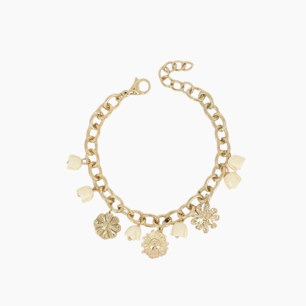 Bracelet Pause, breloques florales en acier et acétate, acier inoxydable doré