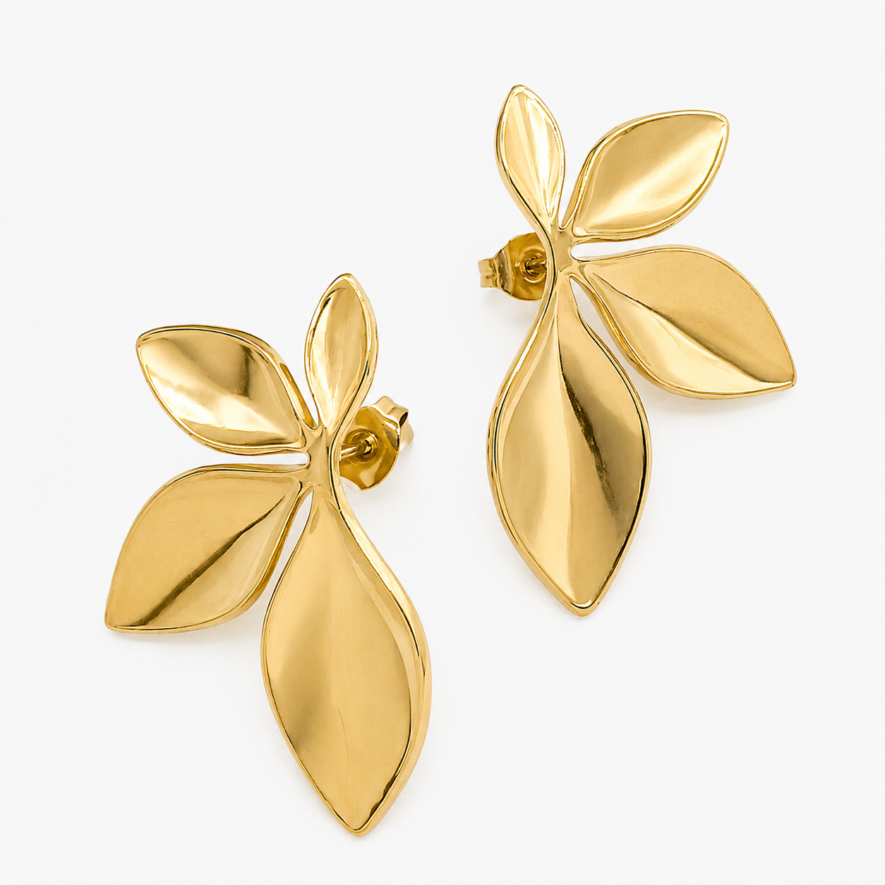 Boucles Rina, motif feuilles, acier inoxydable doré
