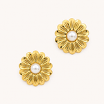 Boucles Trento, fleur texturée avec perle centrale, acier inoxydable doré