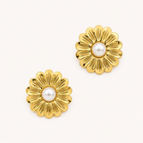 Boucles Trento, fleur texturée avec perle centrale, acier inoxydable doré