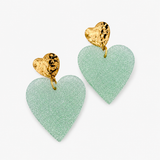 Boucles Sky, petit cœur martelé doré et grand cœur pailleté, acier inoxydable et résine