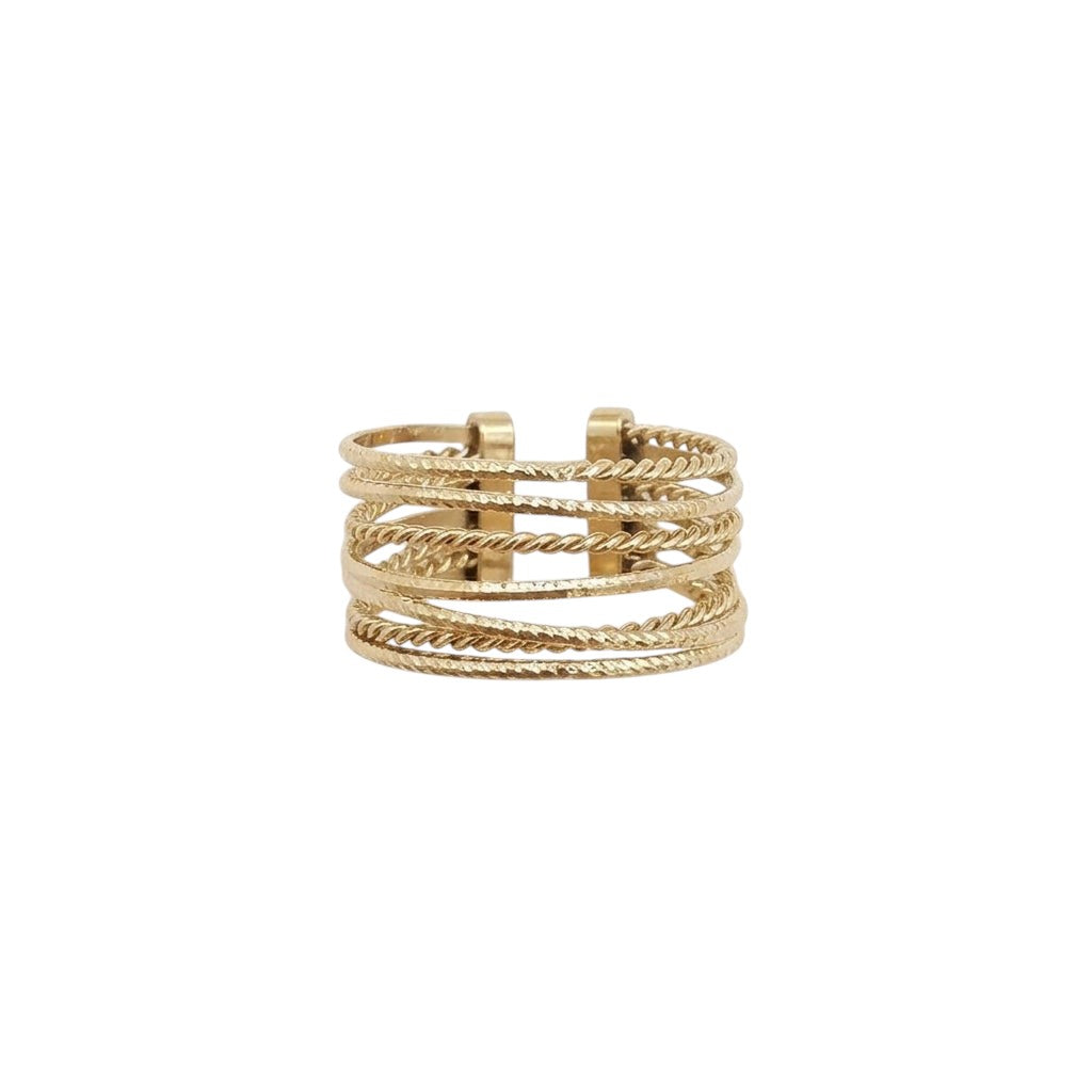 Bague Velora, huit anneaux alternant lisse et torsadé, acier inoxydable doré