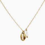 Collier Trapani, pendentif cauri et perles d'eau douce, acier inoxydable