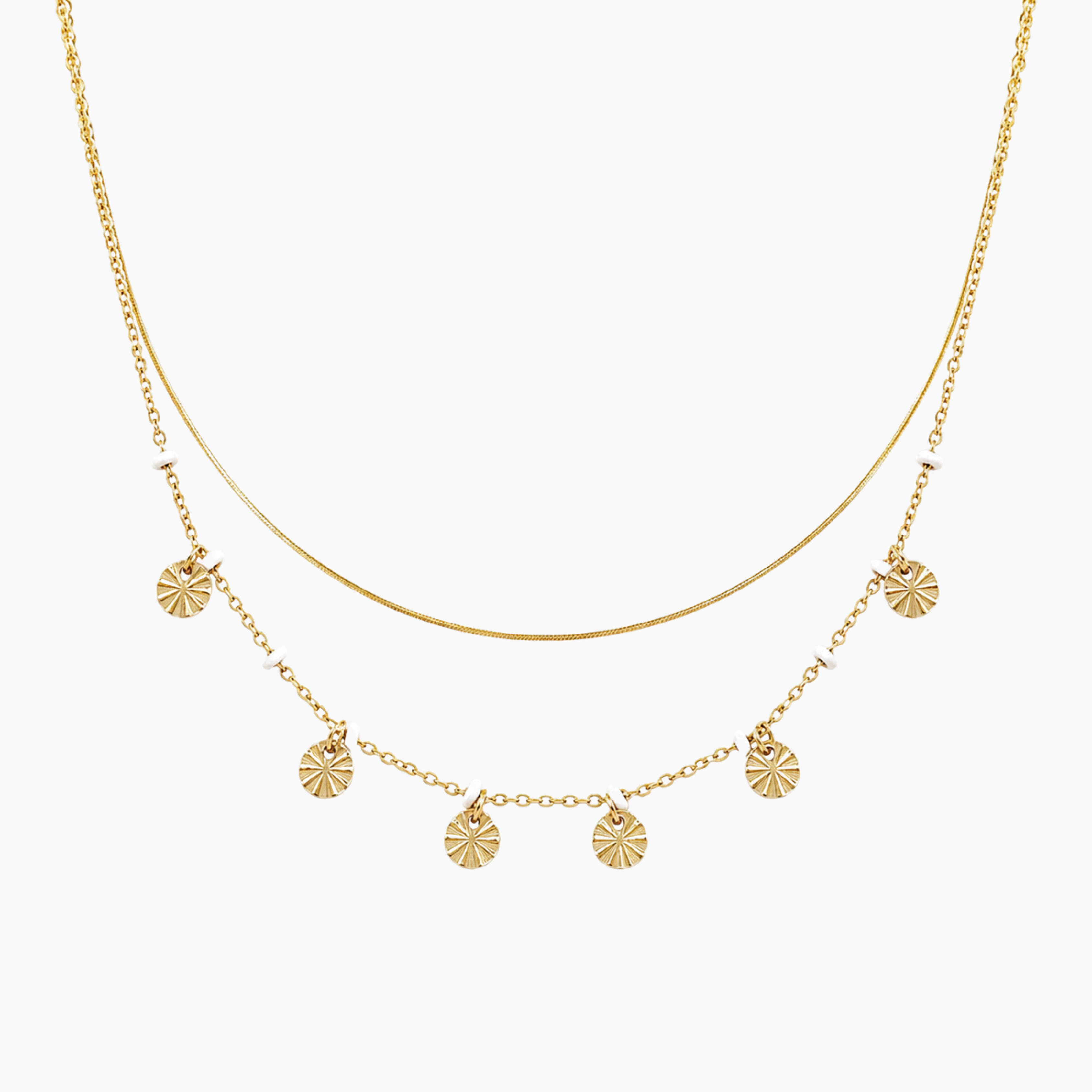 Collier Celis, double rang maille serpent et pastilles, acier inoxydable
