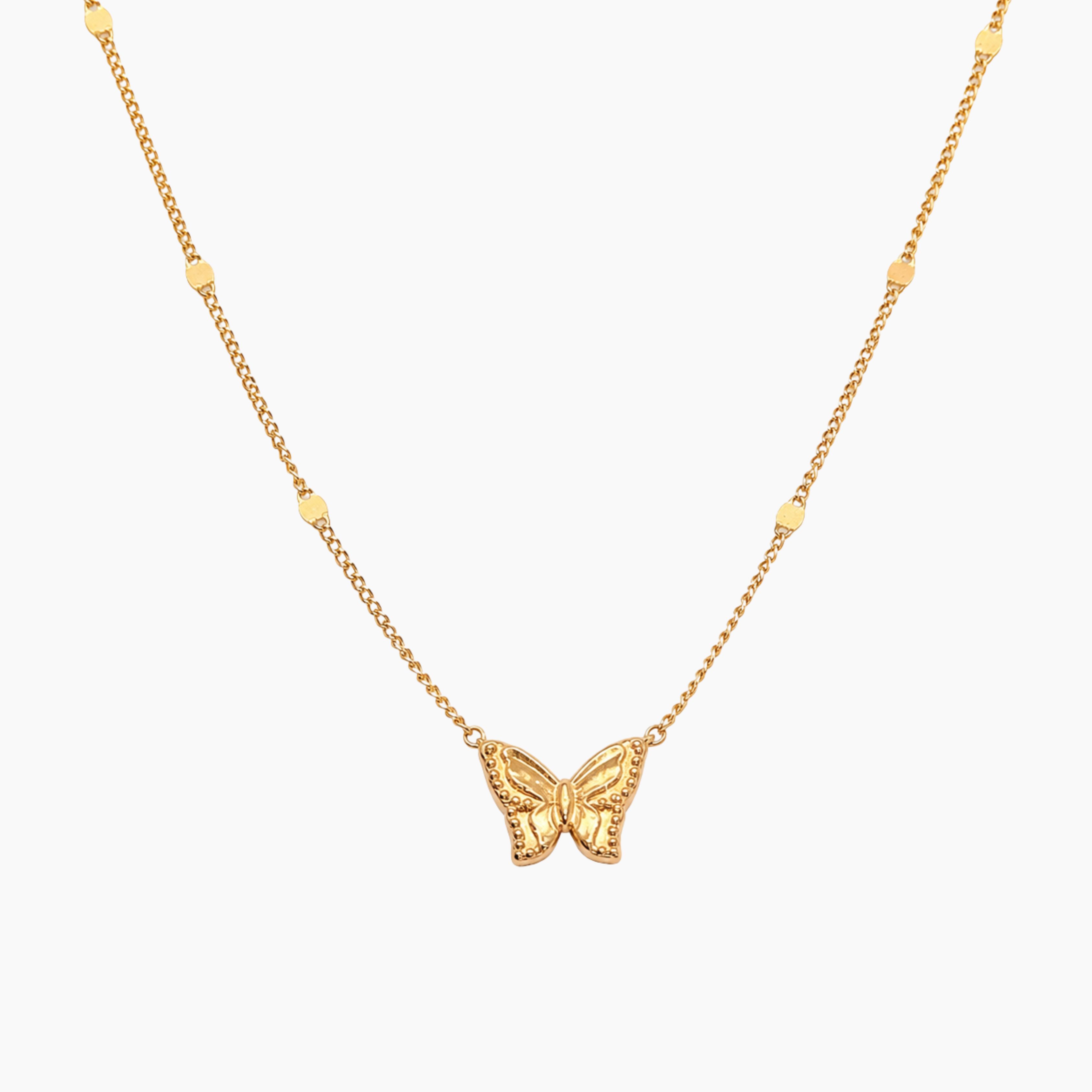 Collier Thalia, chaîne à pastilles et pendentif papillon texturé, acier inoxydable